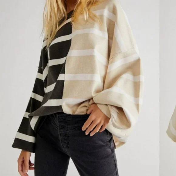 Free People Uptown Oversized Gray & Cream Striped Pullover Sweatshirt EUC Small - Picture 11 of 12